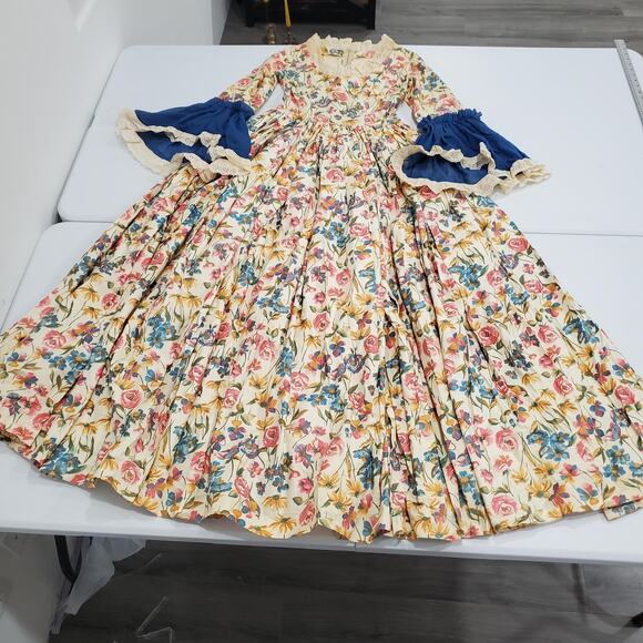 Vintage Floral Prairie Maxi Dress Small Medieval Full Skirt Bell Sleeves Cream - Picture 3 of 11